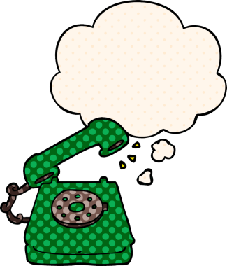 Bir insan tarafından çizilmiş çizgi roman tarzında düşünce baloncuğu olan eski bir telefon.