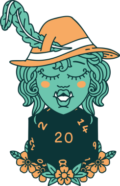 Retro Dövme Biçimi Yarı Ork Ozanı Bir insan tarafından çizilmiş 20 zar ile