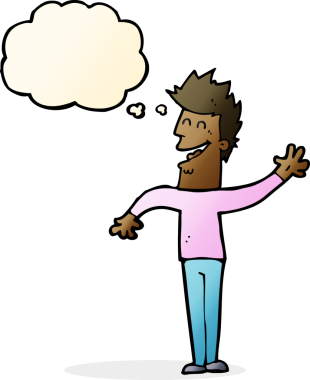 Bir insan tarafından çizilmiş düşünce baloncuğuyla el sallayan mutlu bir adam.