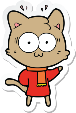 Bir çizgi film çıkartması. Bir insan tarafından çizilmiş kalın kışlık giysiler içinde şaşırmış bir kedi.