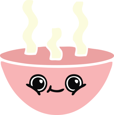 Bir insan tarafından çizilmiş sıcak çorba kasesinin düz renkli retro karikatürü