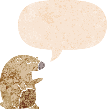 Bir insan tarafından çizilmiş grunge sıkıntılı retro biçimli konuşma balonu ile çizgi film ayısı