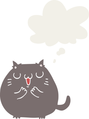 Bir insan tarafından çizilmiş düşünce baloncuklu mutlu çizgi film kedisi.