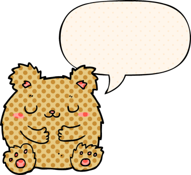 Bir insan tarafından çizilmiş çizgi roman tarzında konuşma balonu olan sevimli çizgi film ayısı.