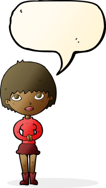 Bir insan tarafından çizilmiş bir konuşma balonuyla sabırla bekleyen karikatür kadın.