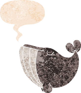 Bir insan tarafından çizilmiş grunge dertli retro tarzı konuşma balinası ile çizgi film balinası