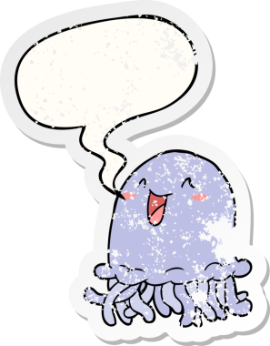 Mutlu karikatür denizanası konuşma baloncuğu bir insan tarafından çizilmiş sıkıntılı eski bir çıkartma