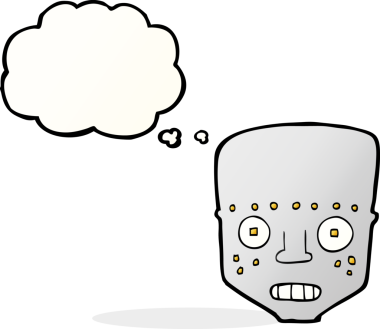 Bir insan tarafından çizilmiş düşünce baloncuklu robot kafası.