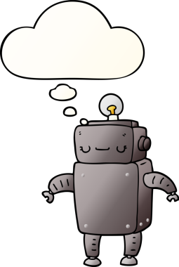 Bir insan tarafından çizilmiş, düşünce baloncuklu çizgi film robotu.