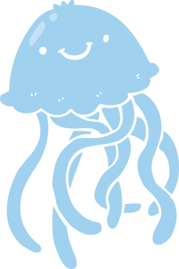 Bir insan tarafından çizilmiş düz renkli mutlu denizanası çizgi filmi.