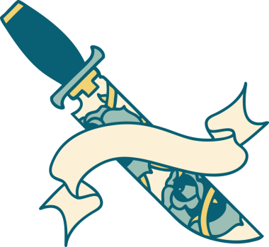 Geleneksel dövme, bir hançer ve bir insan tarafından çizilmiş çiçekler.