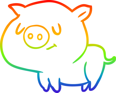 Gökkuşağı gradyan çizimi. Bir insan tarafından çizilmiş şirin bir domuz çizgi filmi.