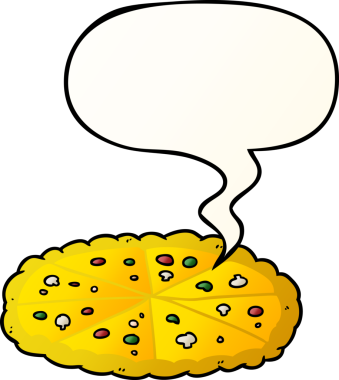 Çizgi film duble peynirli pizza, konuşma baloncuğu ve bir insan tarafından çizilmiş yumuşak bir gradyan tarzı.