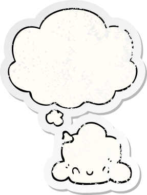 Düşünce baloncuklu karikatür bulutu bir insan tarafından çizilmiş yıpranmış bir çıkartma gibi.