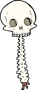 Bir insan tarafından çizilmiş ürkütücü bir kafatası ve omurga.