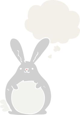 Düşünce baloncuklu çizgi film tavşanı insan tarafından çizilmiş.