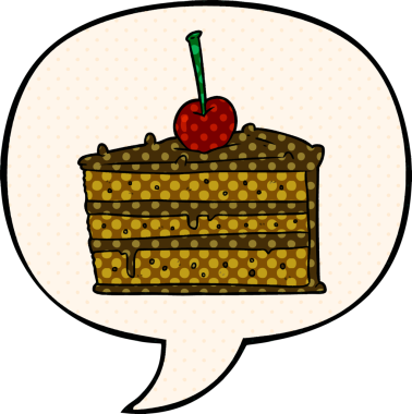 Çizgi roman tarzında bir insan tarafından çizilmiş konuşma balonlu çikolatalı pasta.
