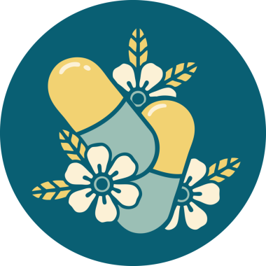 Bir insanın çizdiği hapların ve çiçeklerin ikonik dövme şekli