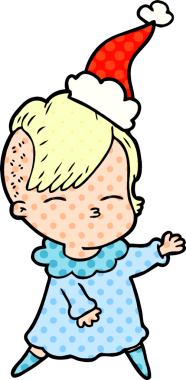 Bir insan tarafından çizilmiş Noel Baba şapkası takan şaşı bir kızın el çizimi çizgi roman çizimi.