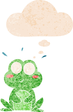 Homurdanan düşünce baloncuğu olan sevimli çizgi film kurbağası bir insan tarafından çizilmiş tedirgin geçmiş dokuma tarzı