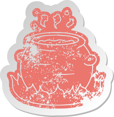 Bir insan tarafından çizilmiş bir tencere güvecin sıkıntılı eski çizgi film çıkartması.