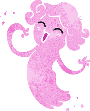 Bir insan tarafından çizilmiş mutlu pembe bir hayaletin el çizimi karikatürü.