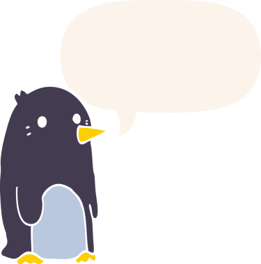 bir insan tarafından çizilmiş, retro tarzı konuşma balonu olan penguen çizgi filmi.