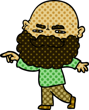 Bir insan tarafından çizilen ve kaşlarını çatan sakallı bir çizgi film adamı.