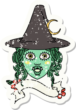 Bir insan tarafından çizilmiş yarım ork cadı yüzünün grunge çıkartması.