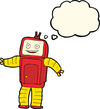 Bir insan tarafından çizilmiş düşünce baloncuklu komik robot.