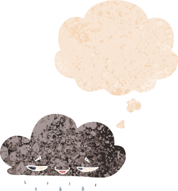 Düşünce baloncuklu karikatür yağmur bulutu grunge sıkıntılı retro dokuma tarzı bir insan tarafından çizilmiş