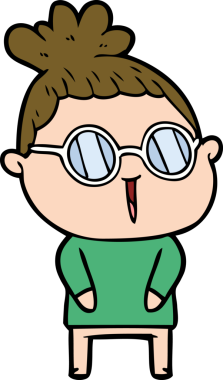 Bir insan tarafından çizilmiş gözlüklü bir karikatür kadın.