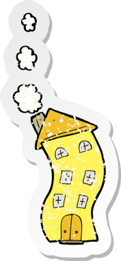 Bir insan tarafından çizilmiş komik bir karikatür evinin gerilimli retro yapıştırması.