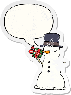 Konuşma baloncuğu olan kardan adam bir insan tarafından çizilmiş sıkıntılı eski bir çıkartma