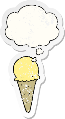 Düşünce baloncuklu çizgi film dondurması insan tarafından çizilmiş yıpranmış bir çıkartma gibi.