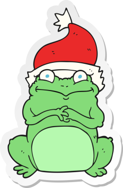 Bir insan tarafından çizilmiş Noel şapkası takan bir kurbağanın çıkartması.