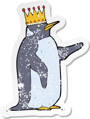Bir insan tarafından çizilmiş taç giyen penguen karikatürünün gerilmiş yapıştırması.