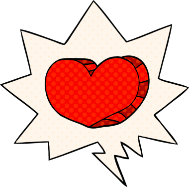 Çizgi roman tarzında bir insan tarafından çizilmiş, konuşma baloncuklu karikatür kalbi.