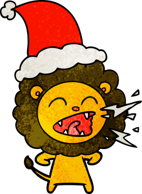 Kükreyen bir aslanın el çizimi bir insan tarafından çizilmiş Noel Baba şapkası.