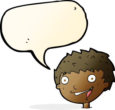 Bir insan tarafından çizilmiş konuşma balonlu gülen çocuk.