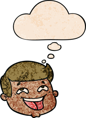 Bir insan tarafından çizilmiş grunge desenli düşünce baloncuklu mutlu erkek yüzü.