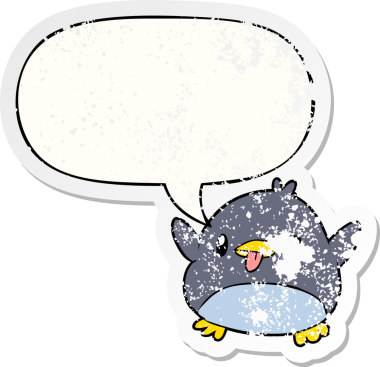 Konuşma baloncuğu olan sevimli penguen bir insan tarafından çizilmiş sıkıntılı eski bir çıkartma.