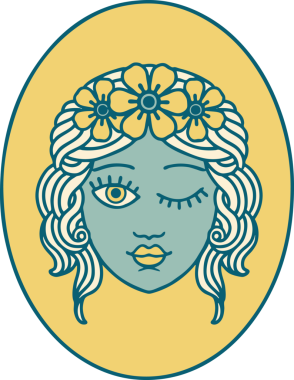 İkonik dövme stili. Taç takmış bir genç kız. Bir insan tarafından çizilmiş.