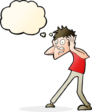 Bir insan tarafından çizilen düşünce baloncuğuyla panikleyen çizgi film adamı.