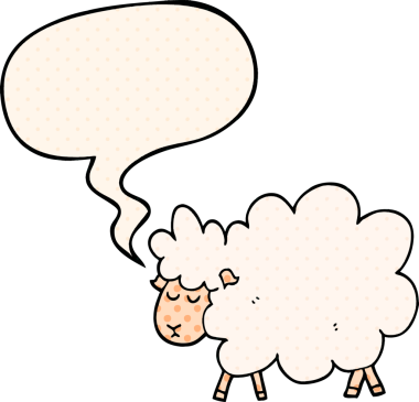 Bir insan tarafından çizilmiş, çizgi roman tarzında konuşma balonu olan bir koyun.