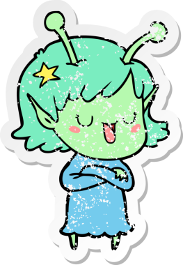 Bir insan tarafından çizilmiş mutlu uzaylı kız çizgi filminin sıkıntılı çıkartması.