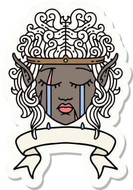 Ağlayan bir elf barbarının çıkartması. İnsan tarafından çizilmiş bir pankartıyla karakter suratı.