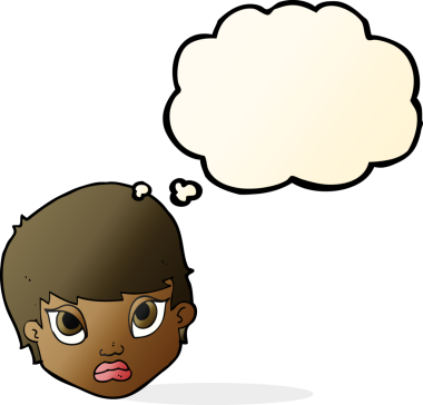 Karikatür somurtan kadın. Düşünce baloncuğu insan tarafından çizilmiş.