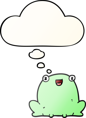 Bir insan tarafından çizilmiş, düşünce baloncuklu çizgi film kurbağası.