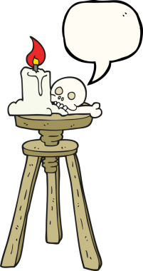 Bir insan tarafından çizilmiş serbest konuşma balonu karikatürü ürkütücü kafatası ve mum.